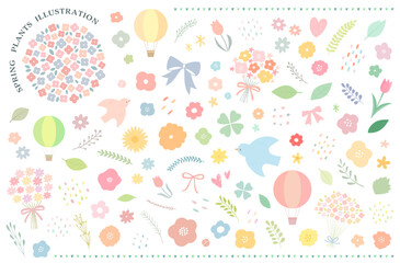 春の手がきのパステル植物イラストセット・ベクター