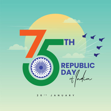 75 years of Indian republic day celebration background, logo, typography with tricolor flag and confetti. Vector Illustration