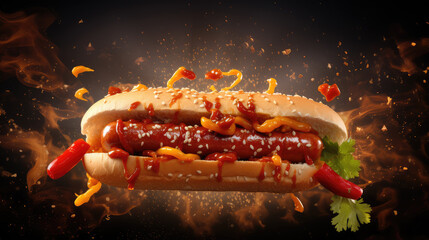 A freshly made hotdog sandwich with spices and ingredients in mid-air, ideal for enticing fast food...