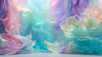 A visually stunning abstract wall adorned with an array of The vibrant tulle fabric in a vibrant pastel colors creatively folds & flowing on the polish floor  creating a sense of calmness and elegance