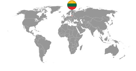 Pin map with Lithuania flag on world map. Vector illustration.