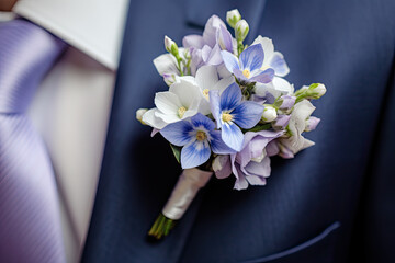 groom's boutonniere with periwinkle   flower  - obrazy, fototapety, plakaty
