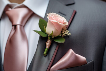 groom's boutonniere with pink rose flower  - obrazy, fototapety, plakaty