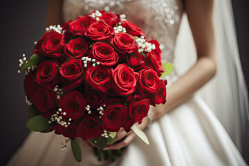 Bride holding roses bouquet, wedding ceremony 