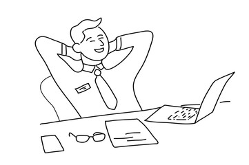 Satisfied person in the office at computer.Vector illustration