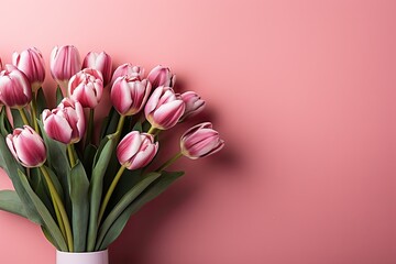 Bouquet of pink tulips on pink background. Greeting card. Mother's day, Valentine's Day, Birthday celebration concept. Copy space for text, top view, generative AI