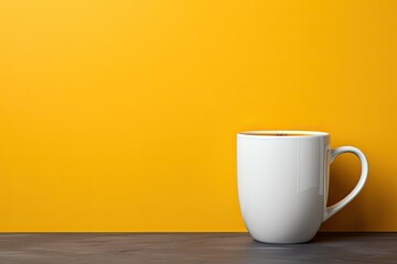 Cappuccino cup with a foam pattern on a yellow background. The concept of coffee with a copy space....
