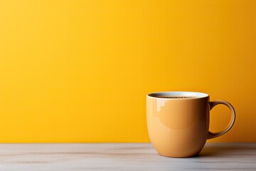 Cappuccino cup with a foam pattern on a yellow background. The concept of coffee with a copy space. generative AI