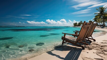 Obraz premium Two armchairs on the shore of the blue ocean under palm trees on a sunny day, an ideal place to relax and enjoy, generative AI