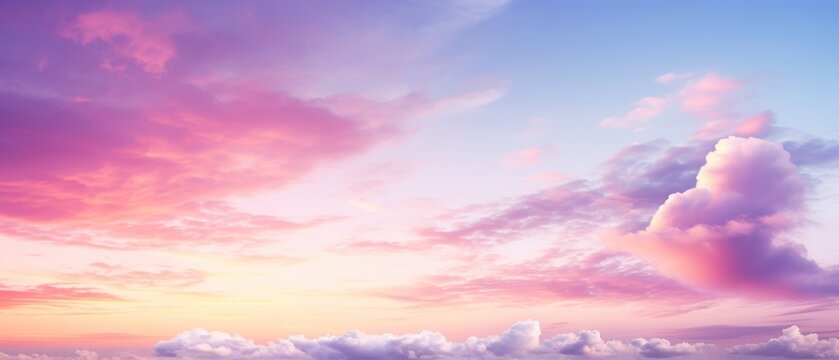 Panoramic beautiful sky with clouds of a pink and purple sky view at sunset. Generate AI image