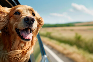 happy dog with head out car window and fur blowing in wind - obrazy, fototapety, plakaty