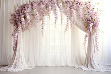 Wedding arch ceremony with floral drapery, purple flowers 