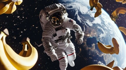 an astronaut in a spacesuit in zero gravity, with planet earth in the background. defocus photo for text, mock-up, concept advertising healthy eco-friendly food, veganism, vegetarianism, plant farms. 