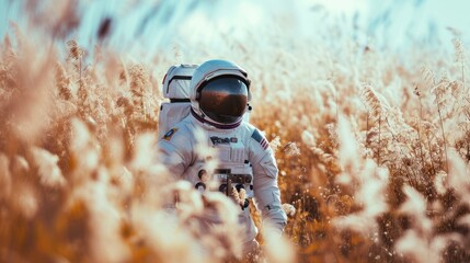 an astronaut in a white spacesuit stands among the harvest of wheat and oats. front view. concept of ecology, global warming, relocation to other planets, life after the apocalypse.blur, defocus