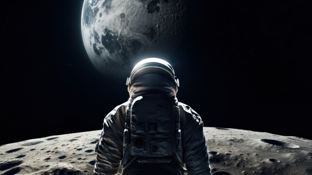 an astronaut from the back in a white spacesuit stands on the surface of the earth and looks from the side of the planet earth. back view. concept of travel to other planets, future, relocation to Mar