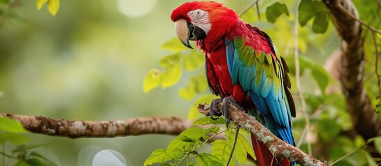 Perched red-and-green or green-winged macaw