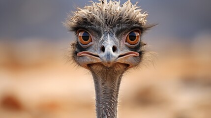 An ostrich against a sandy backdrop, its long neck and big eyes in focus. - obrazy, fototapety, plakaty