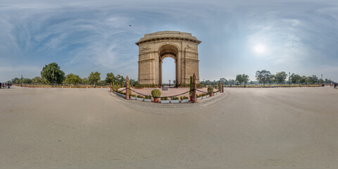 full seamless spherical hdri 360 panorama near Gate of India, war memorial in Delhi without peeople...