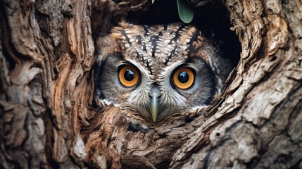 An owl camouflaged against the bark of a tree, eyes wide open.