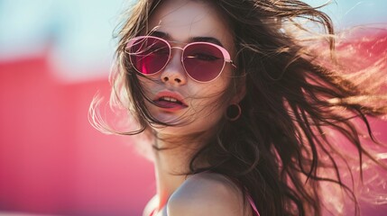 Beauty portrait of fashion model with waving brune hair is pink stylish glasses