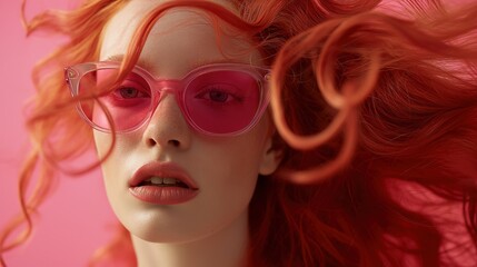 Beauty portrait of red haired fashion model with waving hair is pink stylish glasses