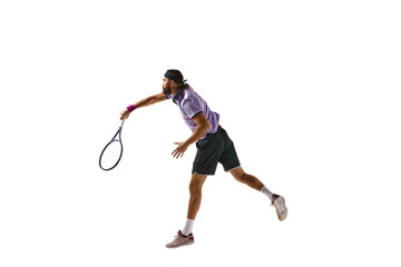 Fototapeta na wymiar Competitive athletic man, tennis player during game in motion with racket, playing isolated over white background. Concept of professional sport, movement, competition, action. Ad