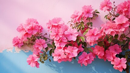 bunch of pink flowers on the colorful wall.