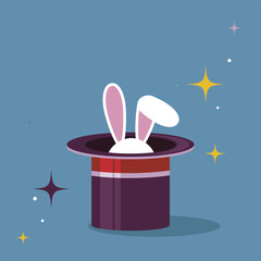 Vector cartoon rabbit in magic hat. Wizard hat. Magic paraphernalia. Cute bunny. Bunny magic trick. Bunny ears.