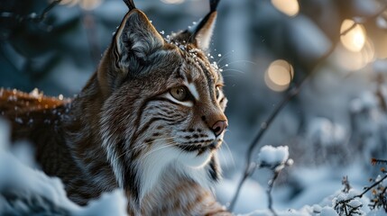  A lynx in a snowy forest in winter. Wild animals of the northern hemisphere.