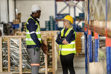 Portrait of warehouse team discussing work in a warehouse. Workers are checking stock with the...