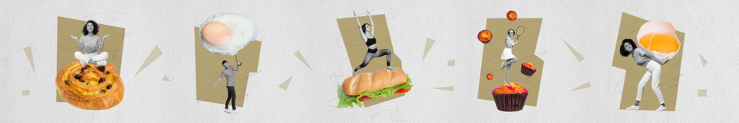 Image collage poster of dieting people refusing unhealthy food isolated on creative background