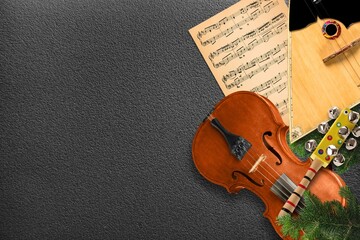 Christmas musical background with instrument and christmas decoration