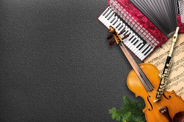 Christmas musical background with instrument and christmas decoration