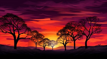 Dark silhouettes of trees against a vibrant sunset.