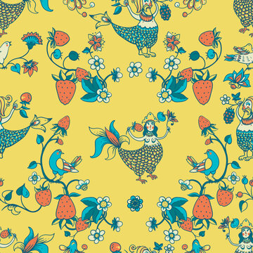 Folk Bird Sirin Seamless Pattern,  Medieval Creatures Texture
