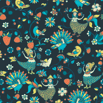 Folk Bird Sirin Seamless Pattern,  Medieval Creatures Texture