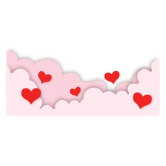 Valentine heart cloud border. Pink cloud detail with heart love shape in paper cut vector illustration background.