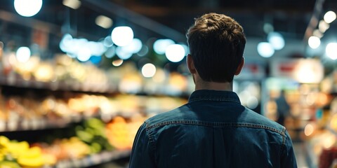 Obraz premium Back view of a man in a grocery store doing shopping inflation concept out of focus blurred background - Generative ai