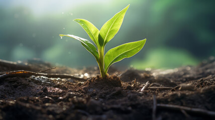 Young plant sprouting in barren soil with sunrise and misty background, symbolizing growth and hope.