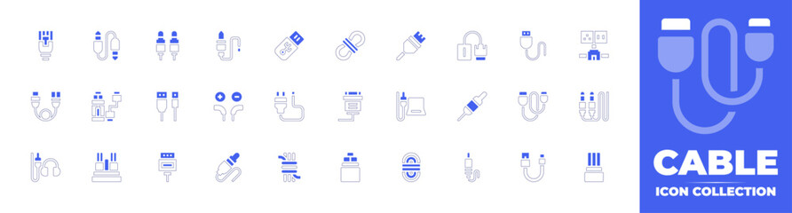 Cable icon collection. Duotone color. Vector and transparent illustration. Containing ethernet, usb drive, cable, usb, plug, audio jack, rope, usb cable, vga, power generation, jack connector, jack.