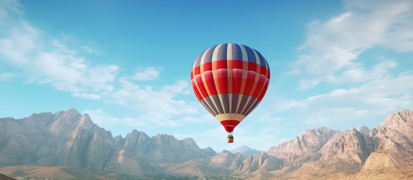 Hot air balloon flying over beautiful mountains with clear, blue sky