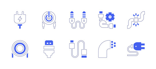 Cable icon set. Duotone color. Vector illustration. Containing power plug, auxiliary cable, broken cable, cable, usb, hdmi cable, optical fiber.