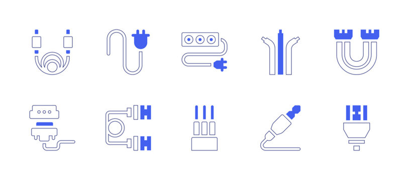 Cable icon set. Duotone color. Vector illustration. Containing plugs, cables, usb cable, audio cable, cable, extension cable, ribbon cable, vga cable, hdmi cable.