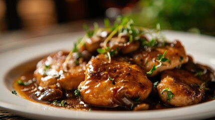 Grilled chicken marsala with mushrooms and herbs on a plate, with fresh vegetables
