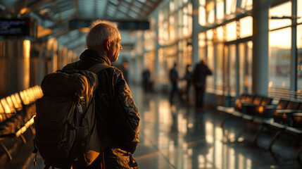 Old man with backpack on his back waiting at airport. Portrait of the man standing at the airport, providing a glimpse into the man's journey ahead. - obrazy, fototapety, plakaty