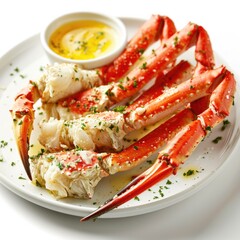 Fresh seafood culinary crab legs with lemon and herb on white background