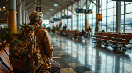 Old man with backpack on his back waiting at airport. Portrait of the man standing at the airport, providing a glimpse into the man's journey ahead.