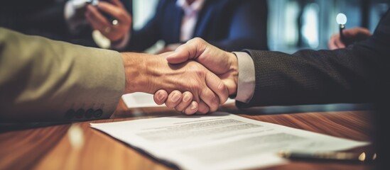 Signed business Contract paper lying on the table, blur background business partners shaking hands - obrazy, fototapety, plakaty