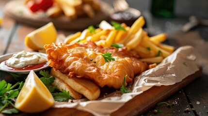 Plate of fish and chips with tartar sauce - obrazy, fototapety, plakaty
