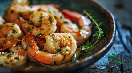 Sautéed garlic shrimps with herbs in a plate on a dark wooden background.